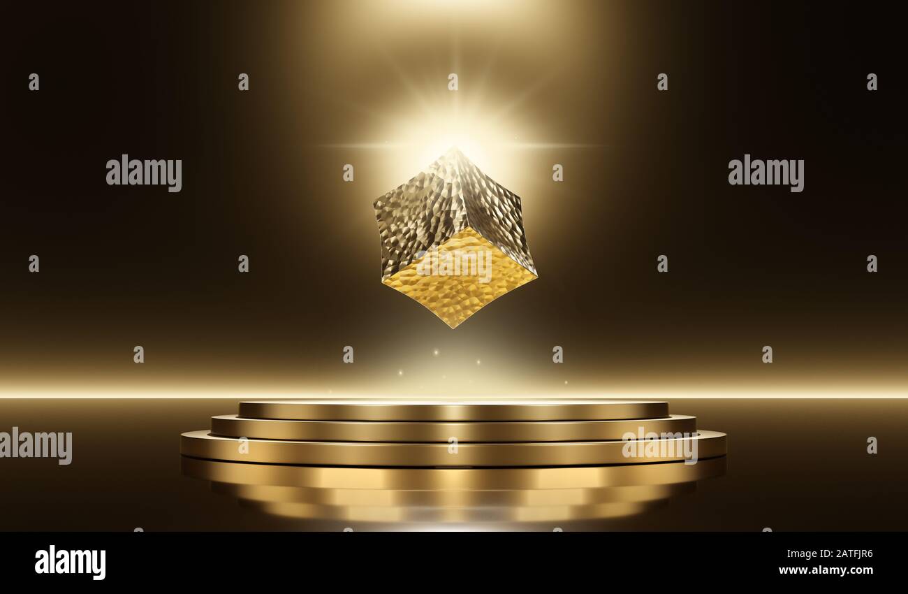Abstract 3d rendering of golden cube suspended in the air above the golden circles. Futuristic background wallpaper in High resolution 8k. Stock Photo