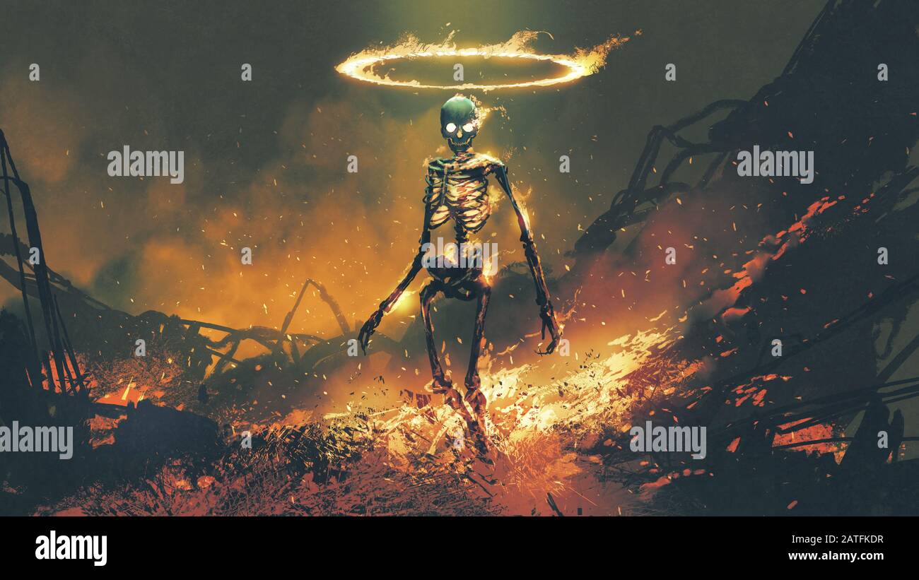 horror character of demon skeleton with fire flames in hellfire, digital art style, illustration painting Stock Photo