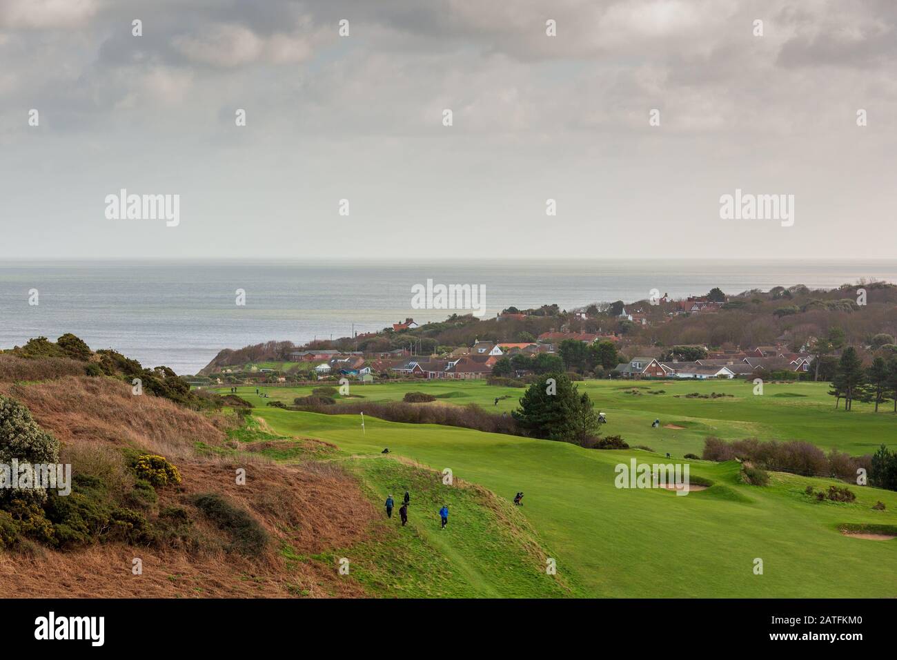 View towards Overstrand over the Royal Cromer Golf Course, Cromer, Norfolk Stock Photo