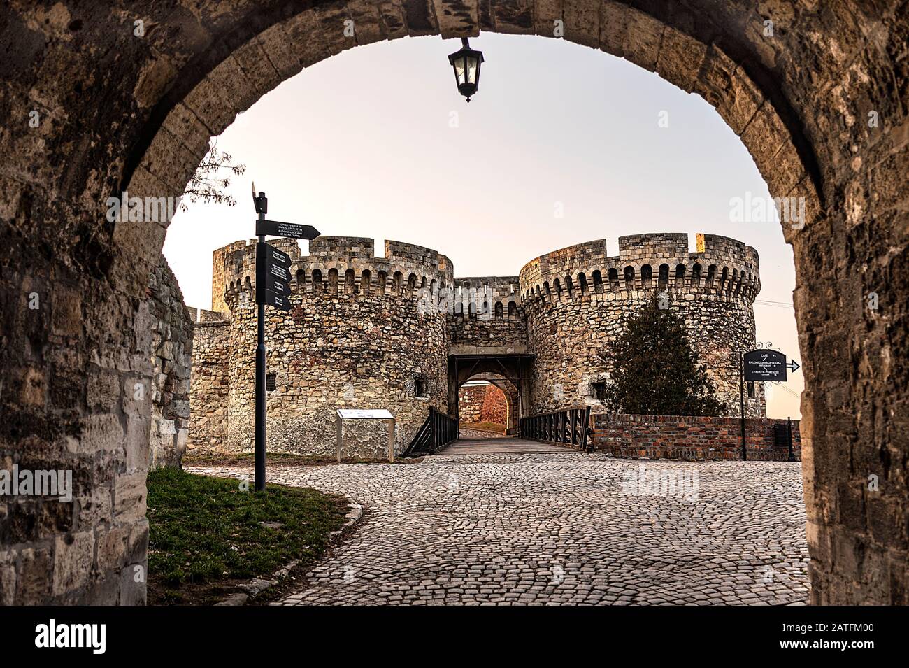 The castle is mentioned in the 3rd century, when the first stones were said to have been thrown by the Celtic tribes. It dominates the confluence of D Stock Photo