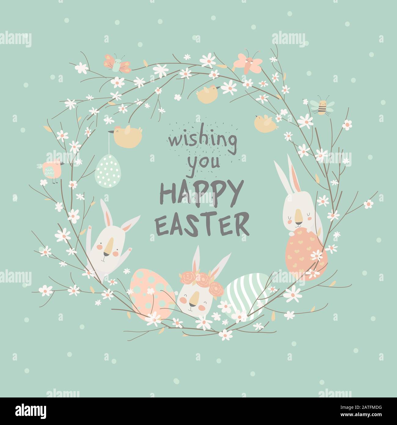 Cartoon Easter wreath with cute rabbits and Ester eggs Stock Vector