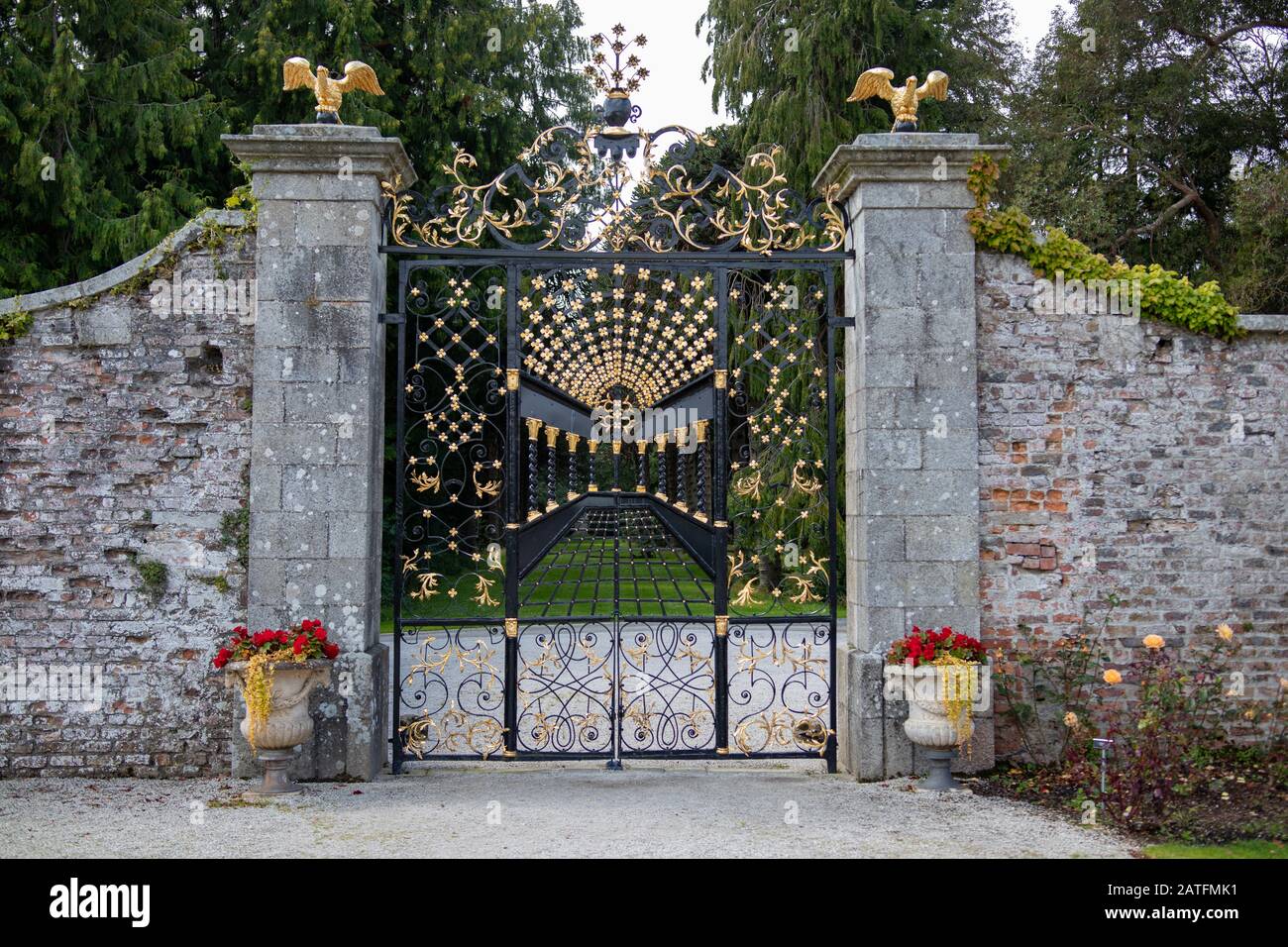 Ornament forged big iron garden gate at the stone wall. Gold and black Stock Photo