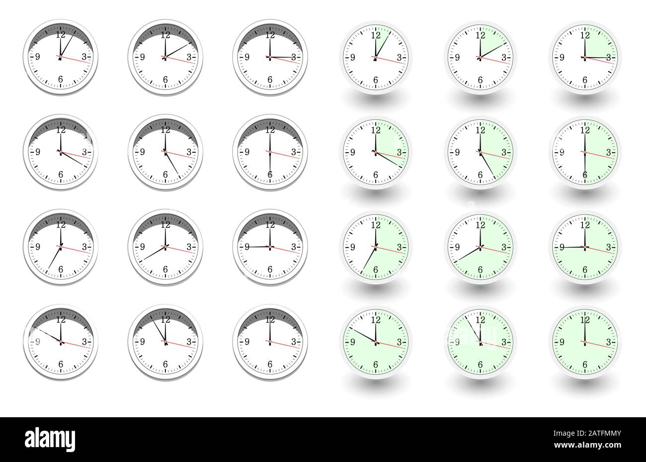 Set of clocks for every hour on white background. Vector illustration
