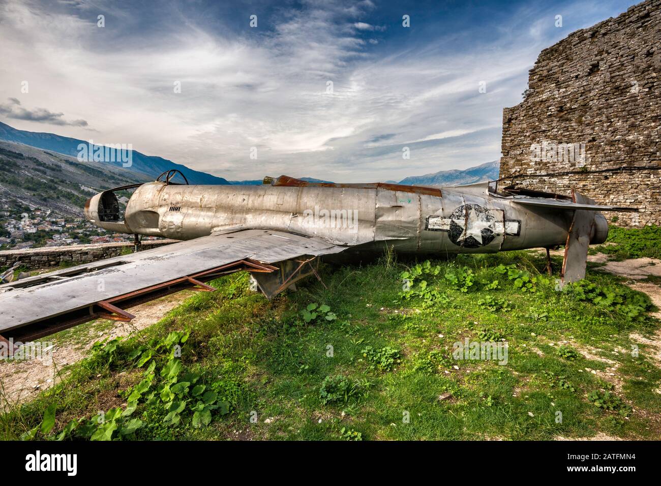 Remnants of Lockheed T-33A Shooting Star, US Air Force two-seat jet trainer, displayed at castle in Gjirokastra (Gjirokaster), Albania Stock Photo