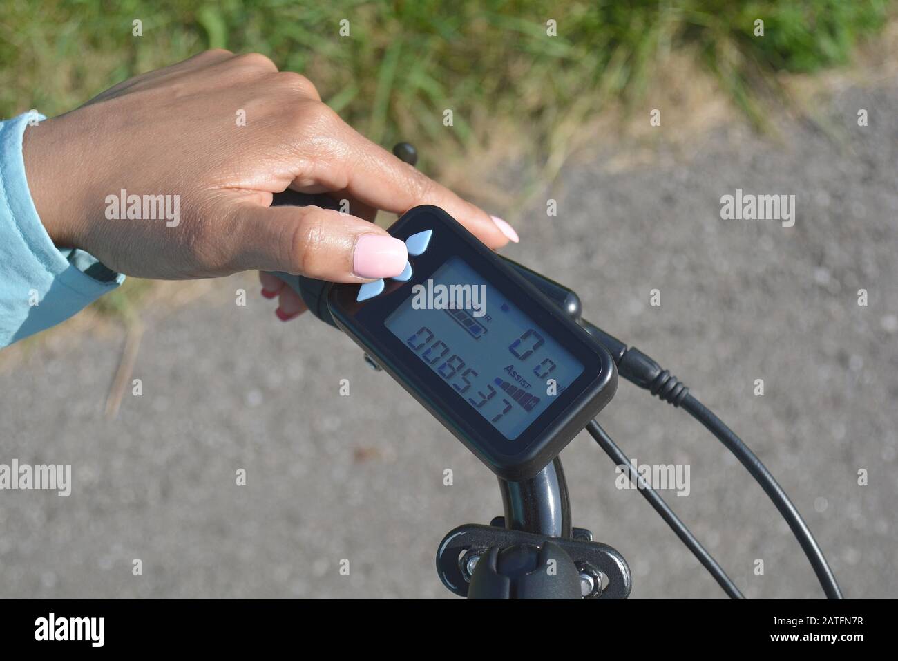 Turning on electric bike, Ebike or bicycle. Pressing a button on