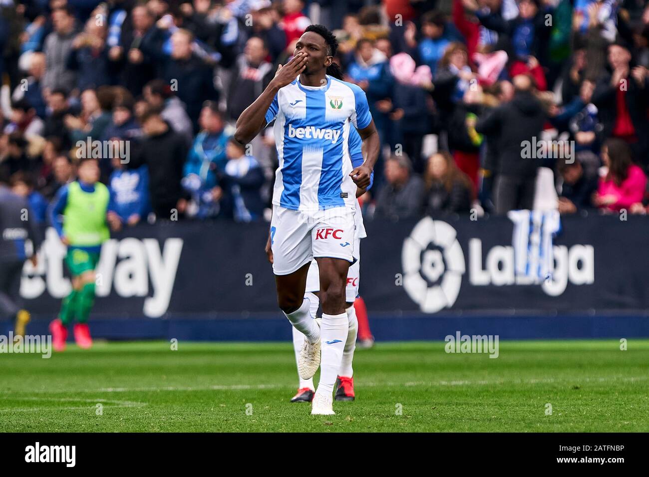 Kenneth Josiah Omeruo of CD Leganes celebrates a goal during the La Liga football match between CD Leganes and Real Sociedad at Butarque Stadium in Leganes.(Final score; CD Leganes 2:1Real Sociedad) Stock Photo