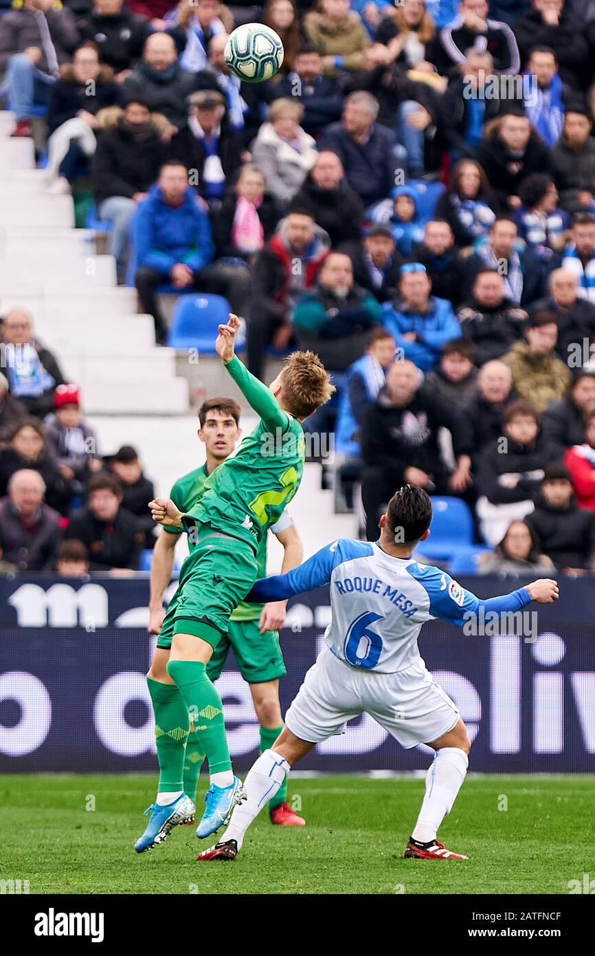 Roque Mesa of CD Leganes and Nacho Monreal of Real Sociedad are seen in action during the La Liga football match between CD Leganes and Real Sociedad at Butarque Stadium in Leganes.(Final score; CD Leganes 2:1Real Sociedad) Stock Photo
