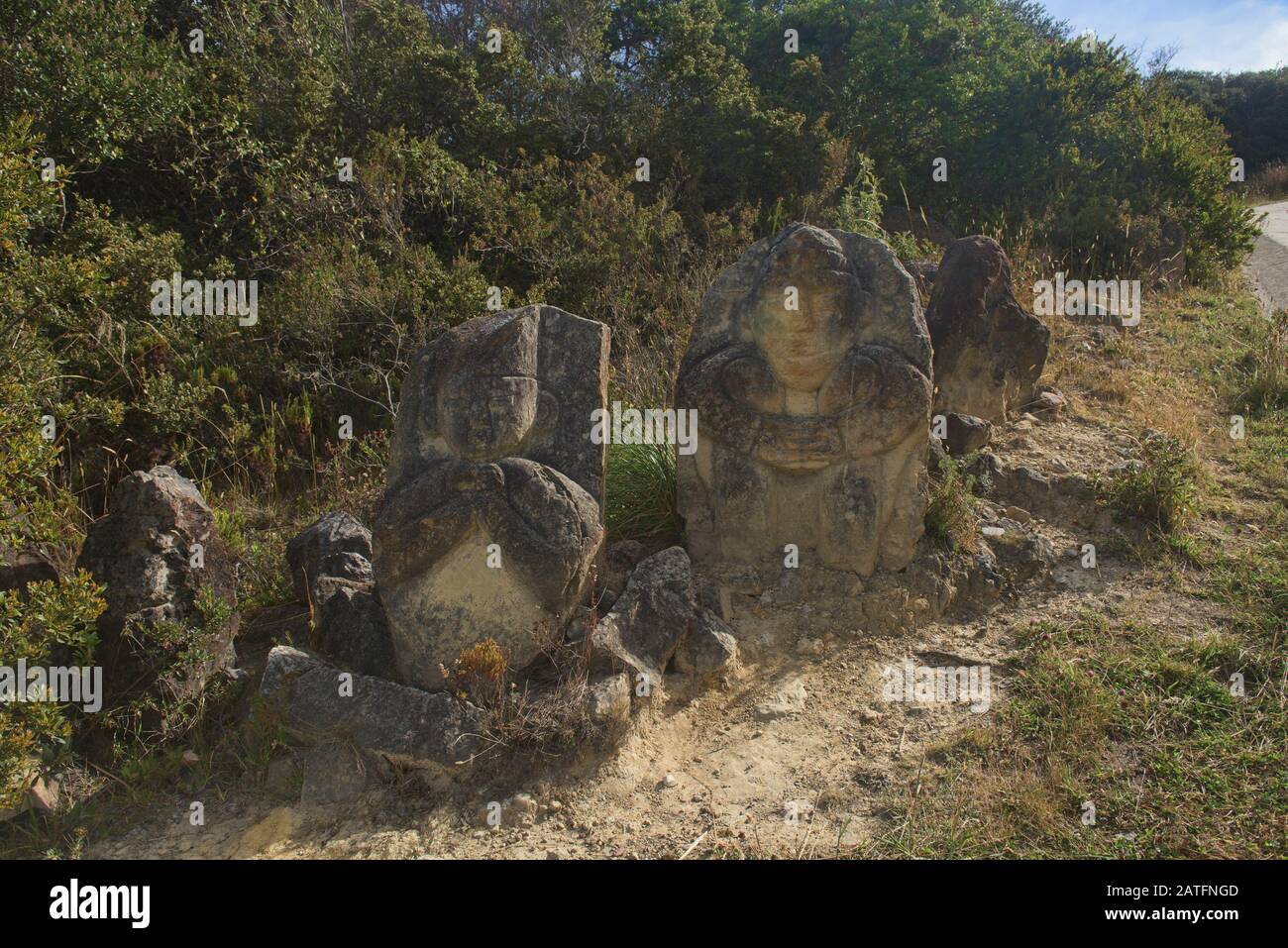 Muisca indigenous stone figures on the Páramo de Oceta trek, Monguí, Boyaca, Colombia Stock Photo