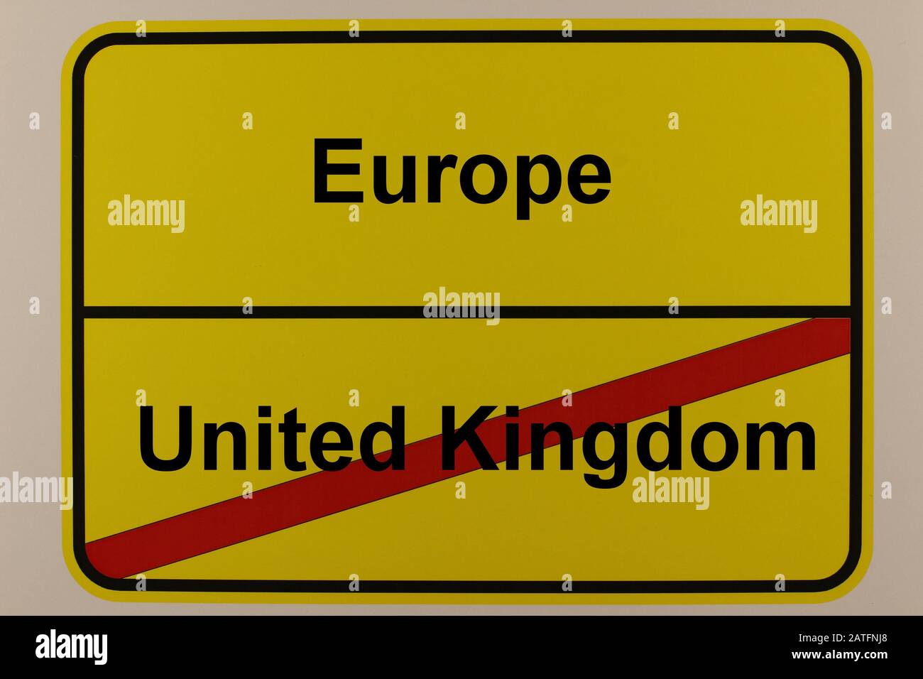 Illustration eines Ortsausgangsschildes zum Thema Austritt von Großbritannien aus der EU Stock Photo