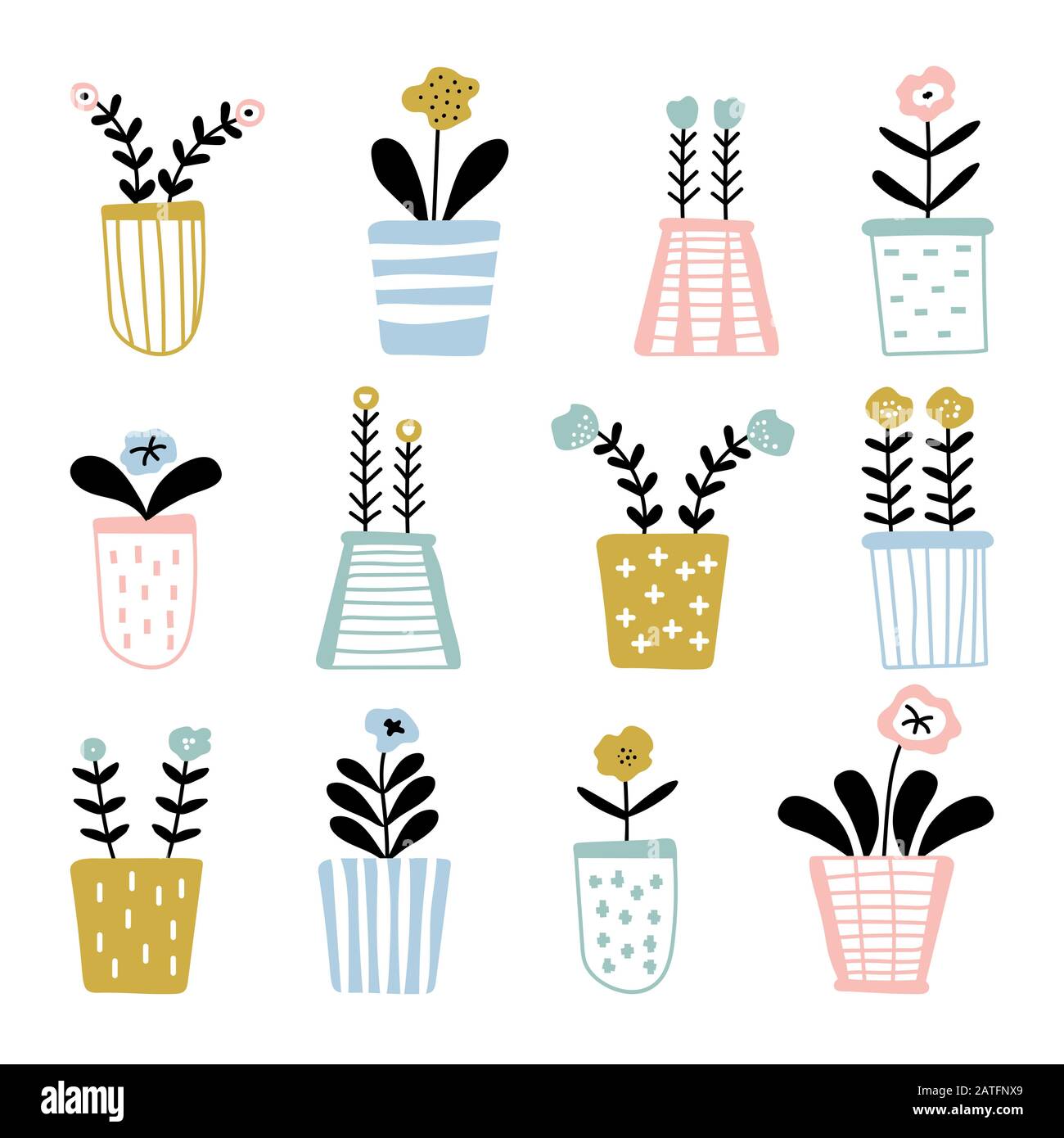 Seamless pattern with cute painted potted plants Stock Vector