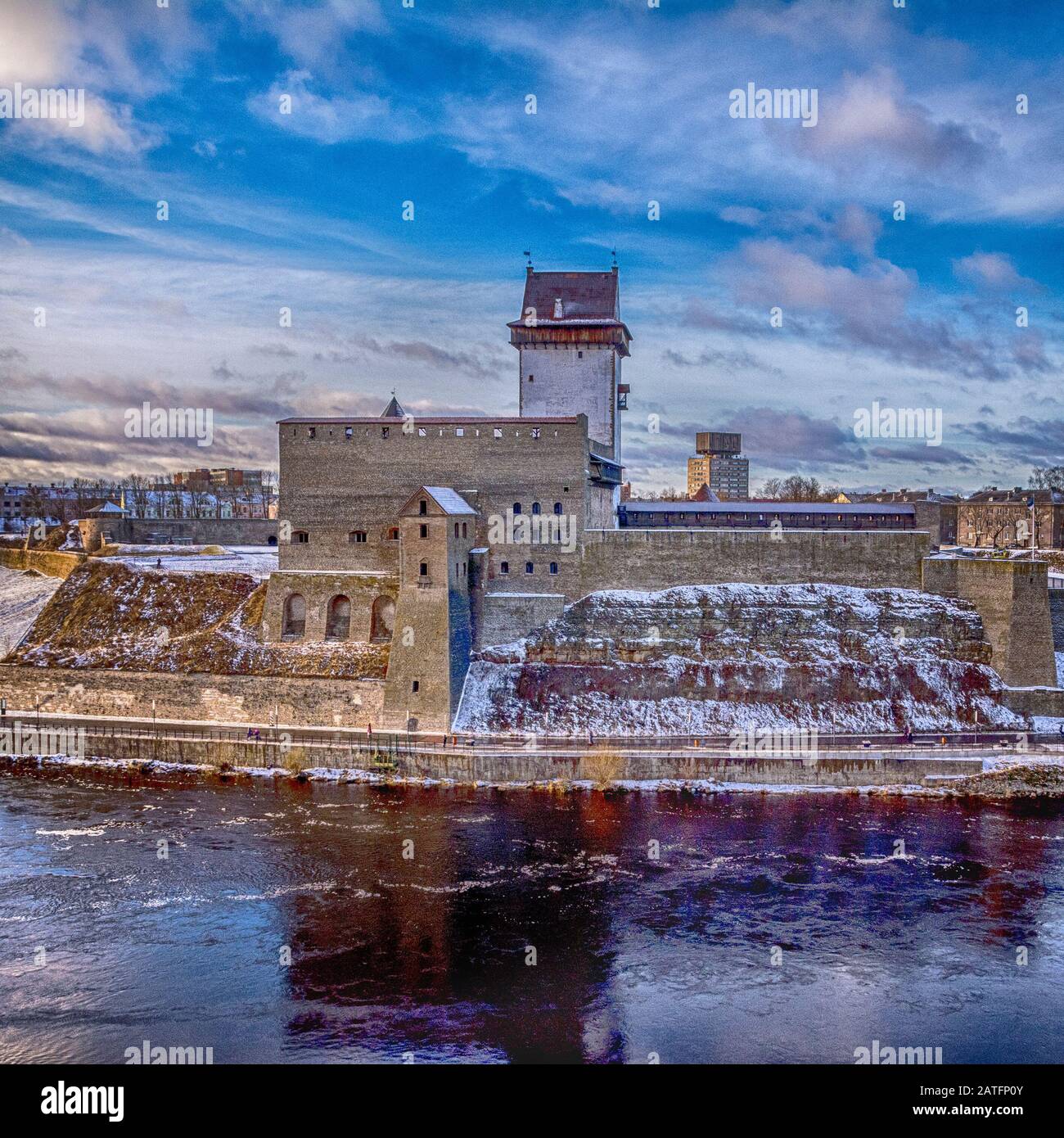 View across the Narva River to the Narva Fortress Stock Photo