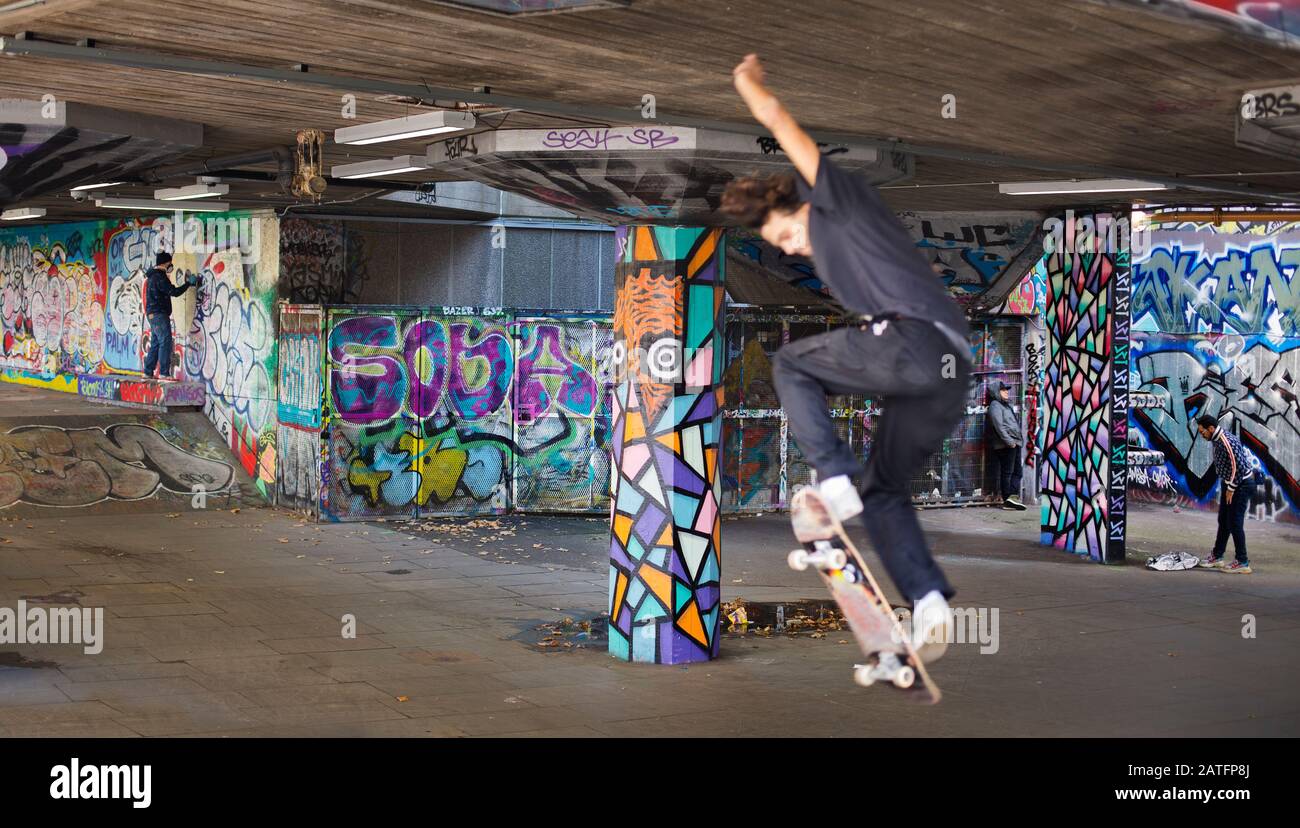 Skateboarder south bank skate park, London,UK Stock Photo