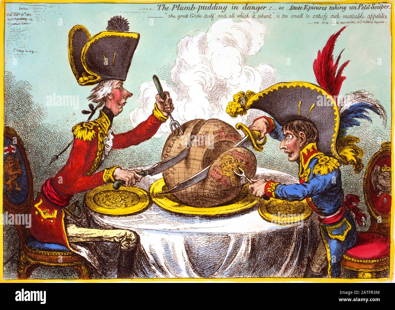 William Pitt and Napoleon depicted in a satirical cartoon. The Plumb-pudding in Danger (1805). By James Gillray. The world being carved up into spheres of influence between Pitt and Napoleon. Stock Photo