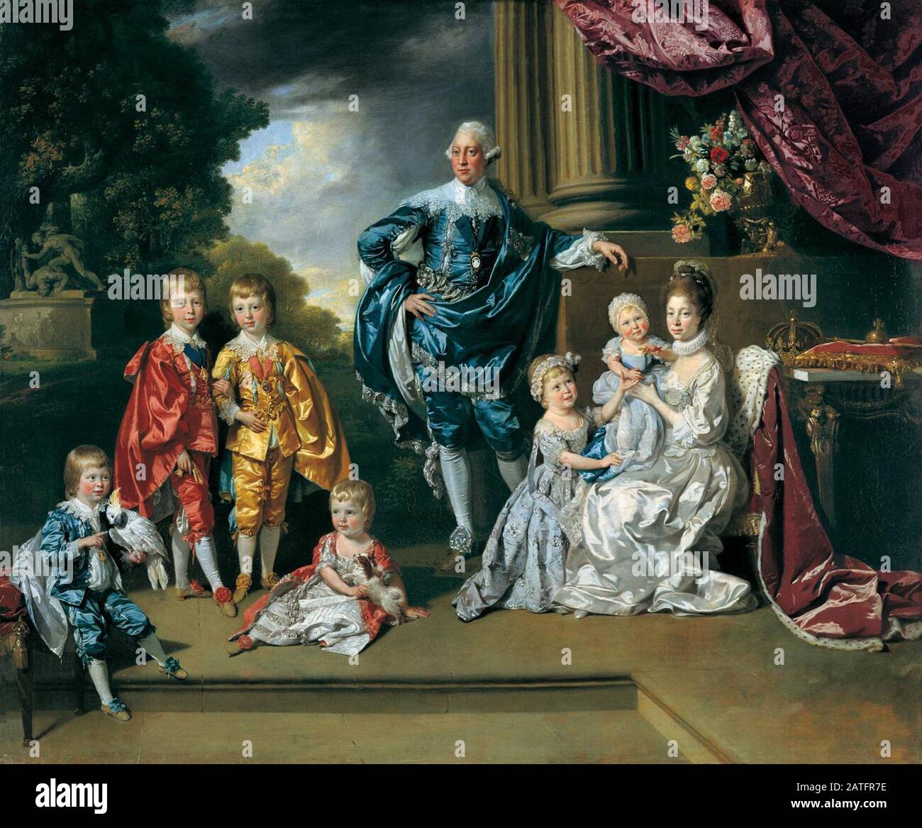 King George III with his consort Queen Charlotte and their six eldest children, by Johan Zoffany, 1770 Stock Photo