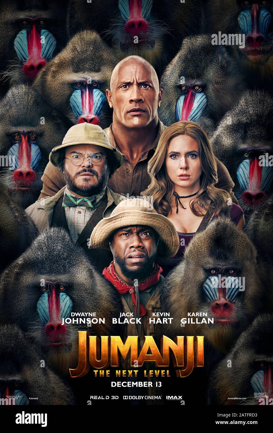 Jumanji: The Next Level (2019) directed by Jake Kasdan and starring Dwayne Johnson, Jack Black, Kevin Hart and Karen Gillan. The old video game malfunctions brings new surprises for the players. Stock Photo