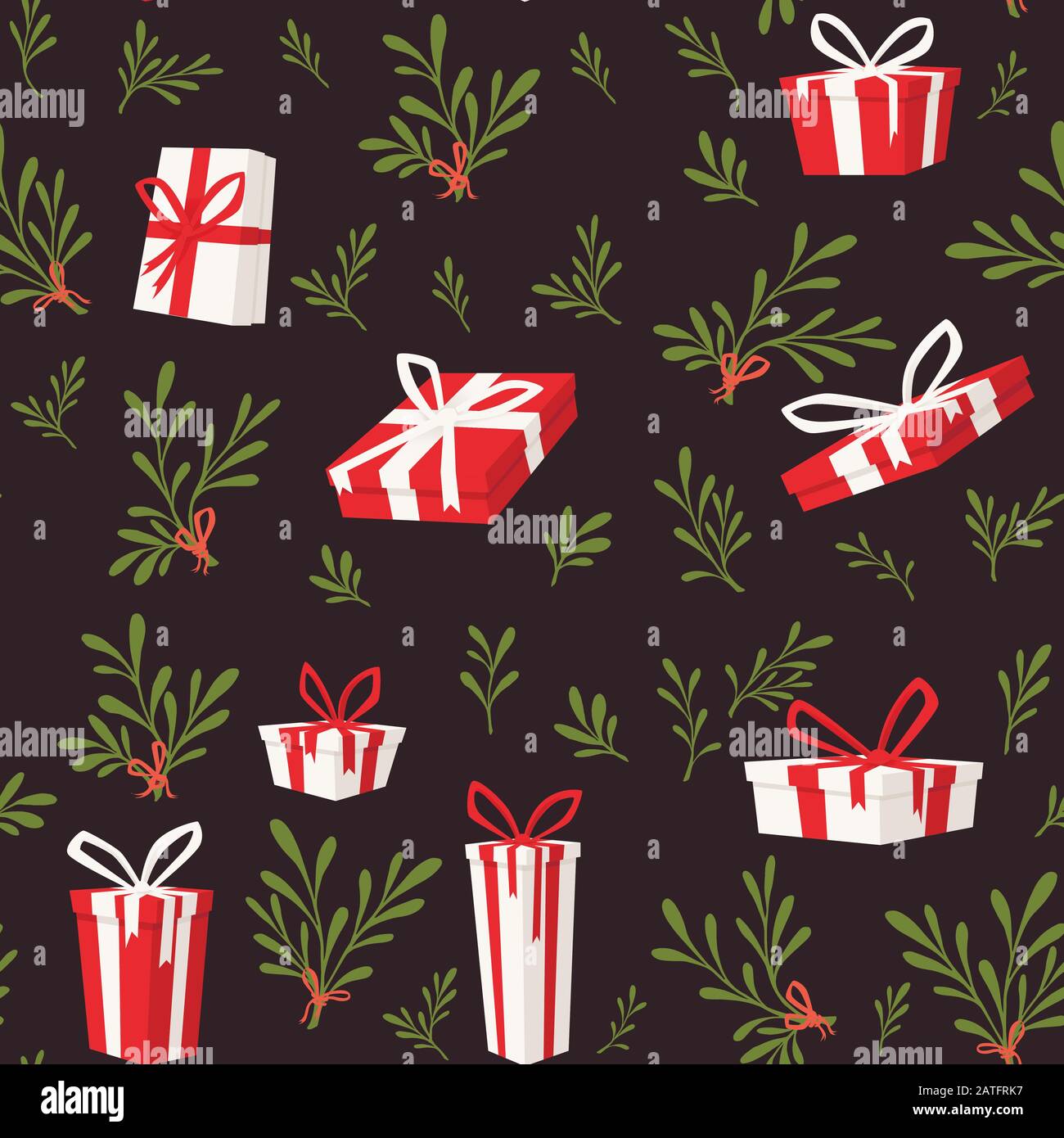 Seamless pattern of paper gift boxes with ribbons and mistletoe flat ...