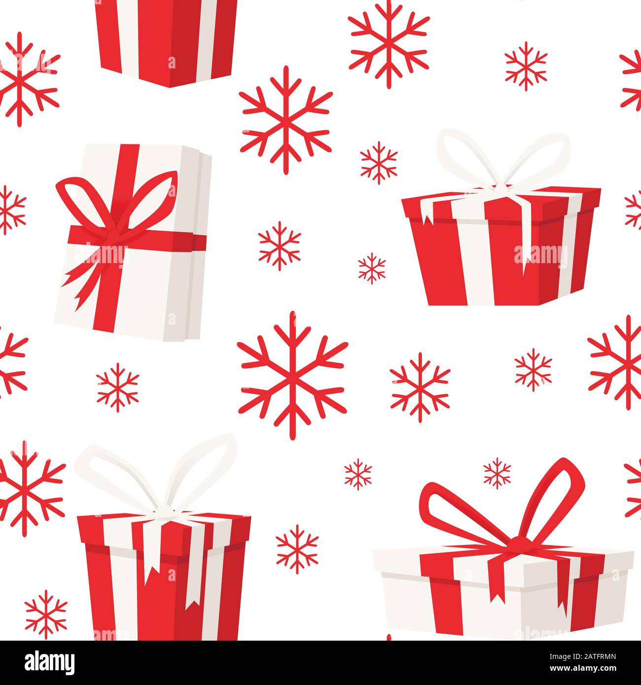 Seamless pattern of paper gift boxes with ribbons and snowflakes flat ...