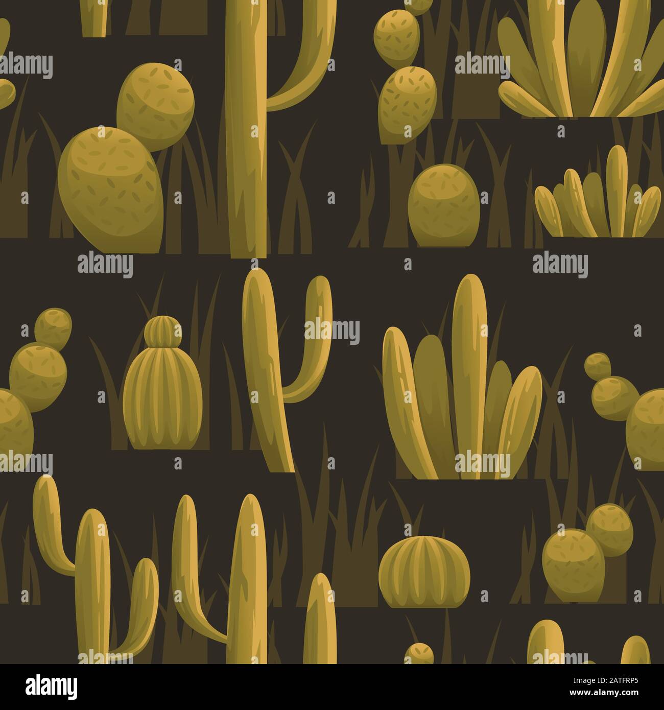Seamless pattern cacti of different variation flat vector illustration on brown background Stock Vector