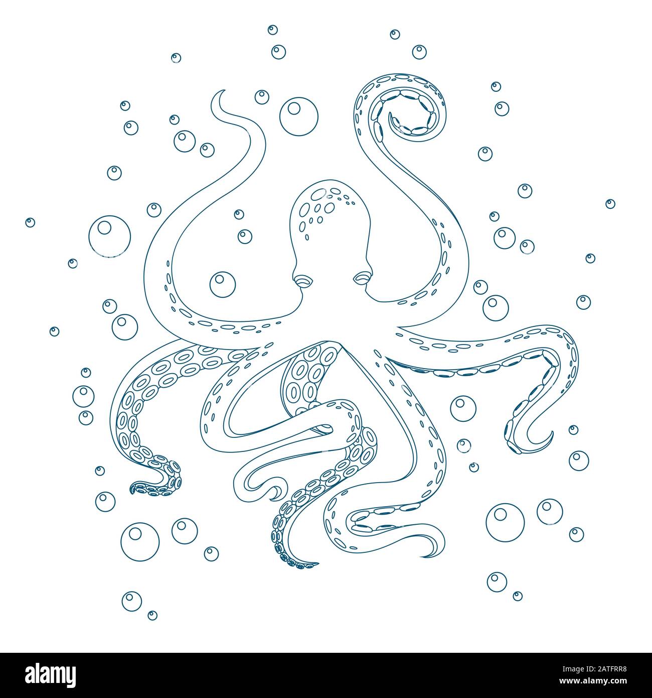 Octopus with air bubbles for coloring book outline design flat vector illustration on white background Stock Vector