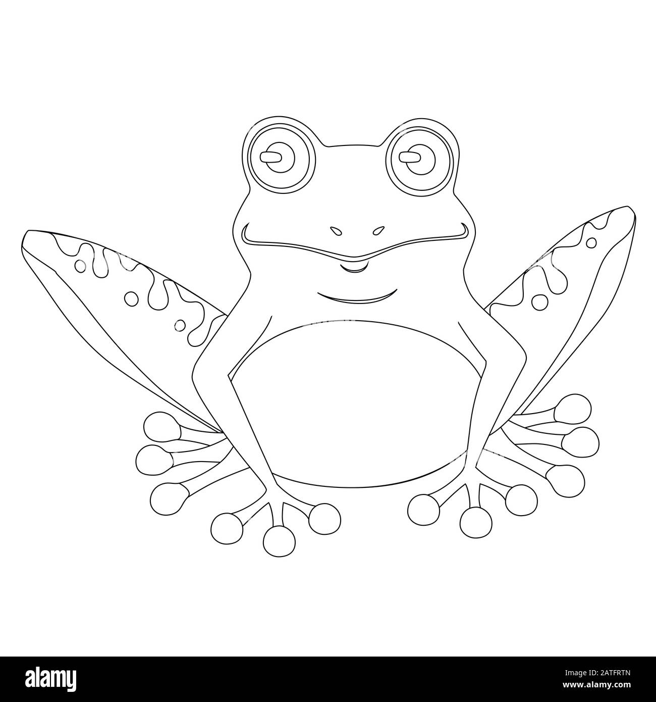 Cute smiling outline style frog sitting on ground cartoon animal design flat vector illustration isolated on white background Stock Vector