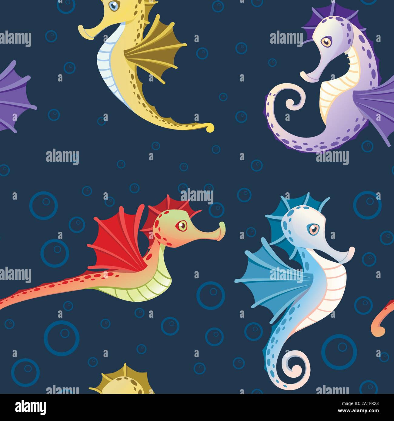 Seamless pattern of sea horses with different skin colors and bubbles cartoon sea animal design flat vector illustration on blue background Stock Vector