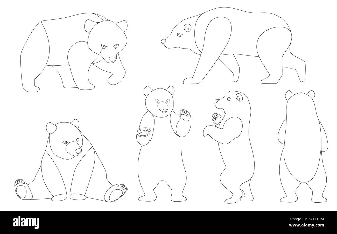 Set of Grizzly bears. North America animal, brown bear. Cartoon animal design. Flat vector illustration isolated on white background outline style Stock Vector