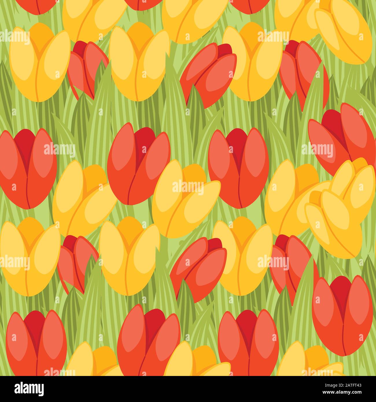 Seamless pattern spring red and yellow tulip green flower pattern and grass flat vector illustration Stock Vector