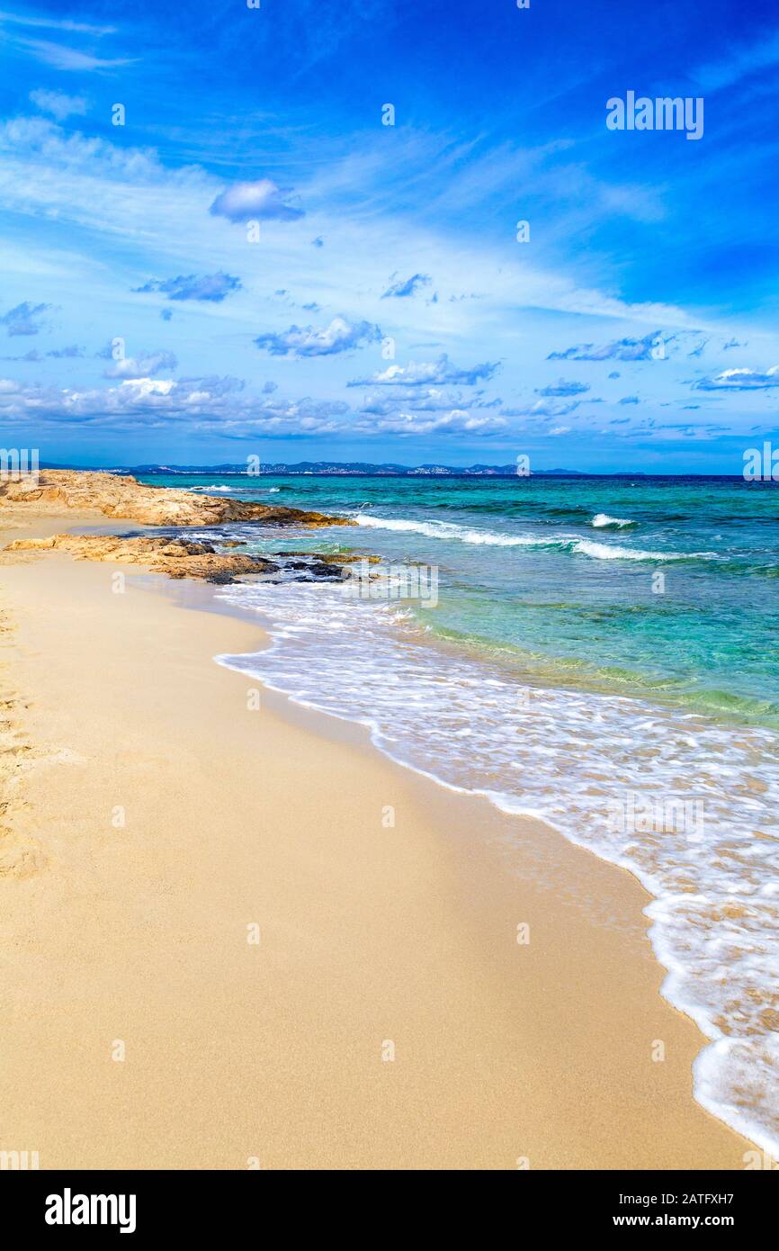 White sandy beach and sea at S'Espalmador, Balearic Islands, Spain Stock Photo