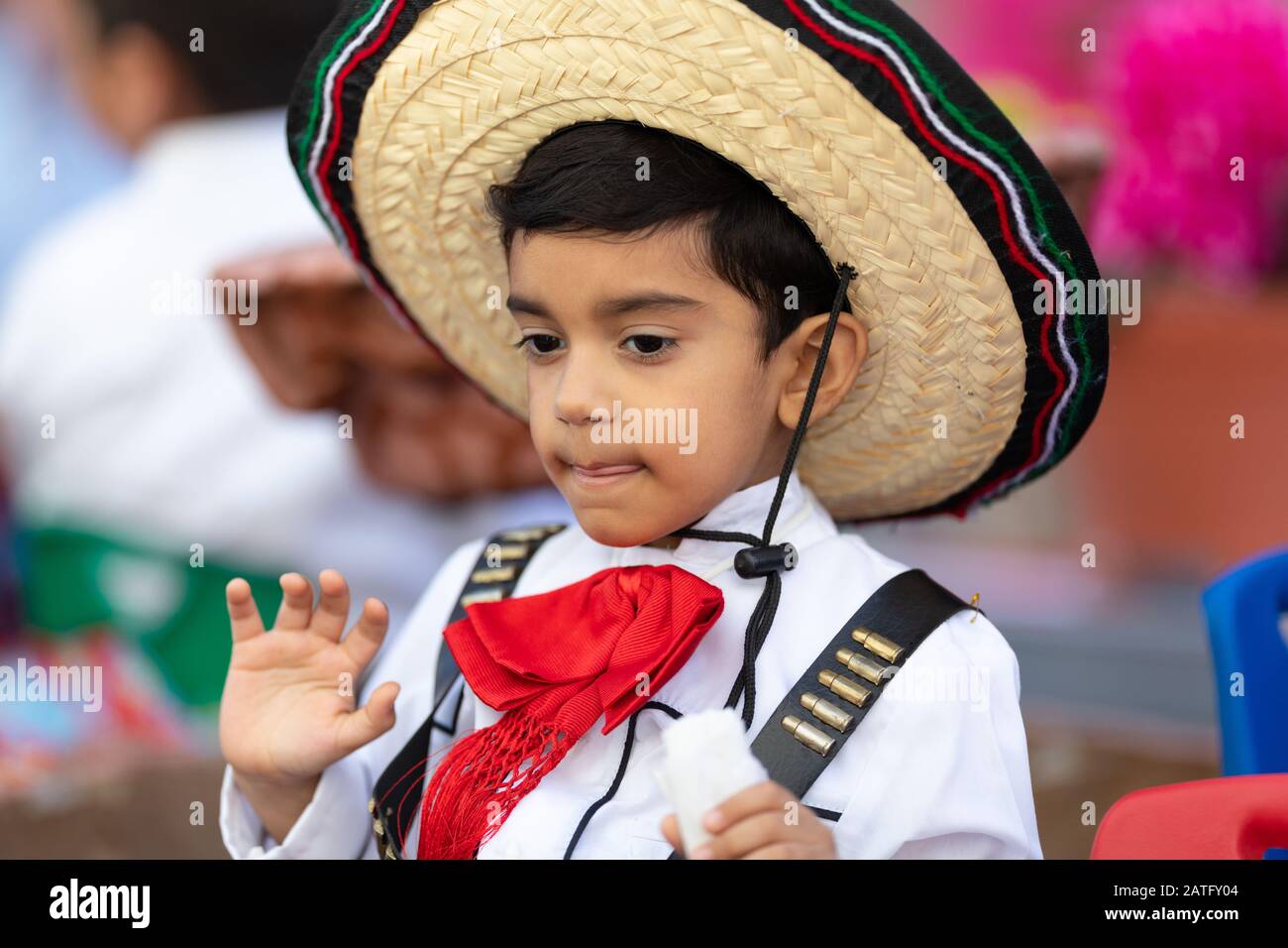 Matamoros, Tamaulipas, Mexico - November 20, 2019: The Mexican Revolution Day Parade, Revolutionaries wearing traditional clothing, going down Sexta s Stock Photo