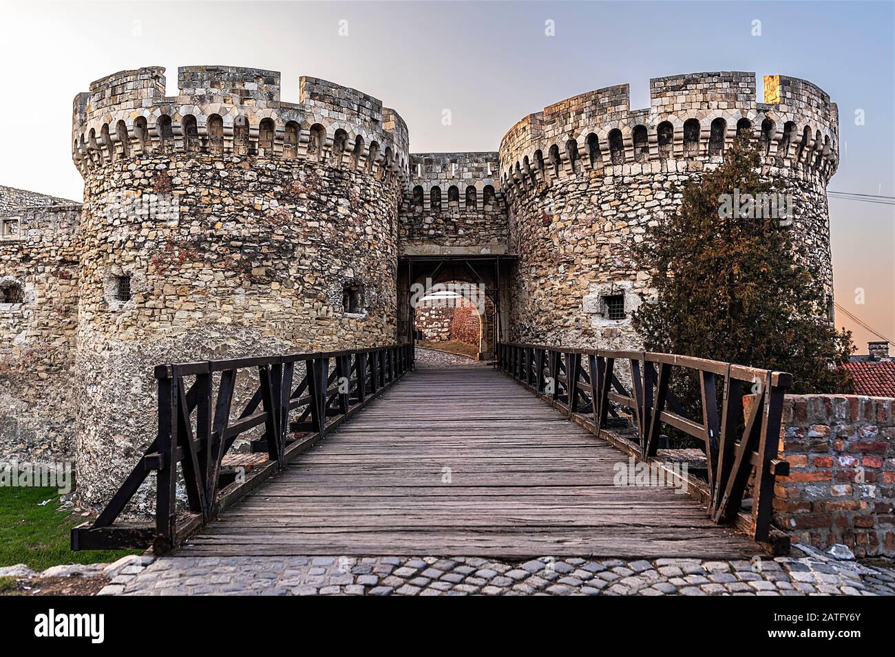 The castle is mentioned in the 3rd century, when the first stones were said to have been thrown by the Celtic tribes. It dominates the confluence of D Stock Photo