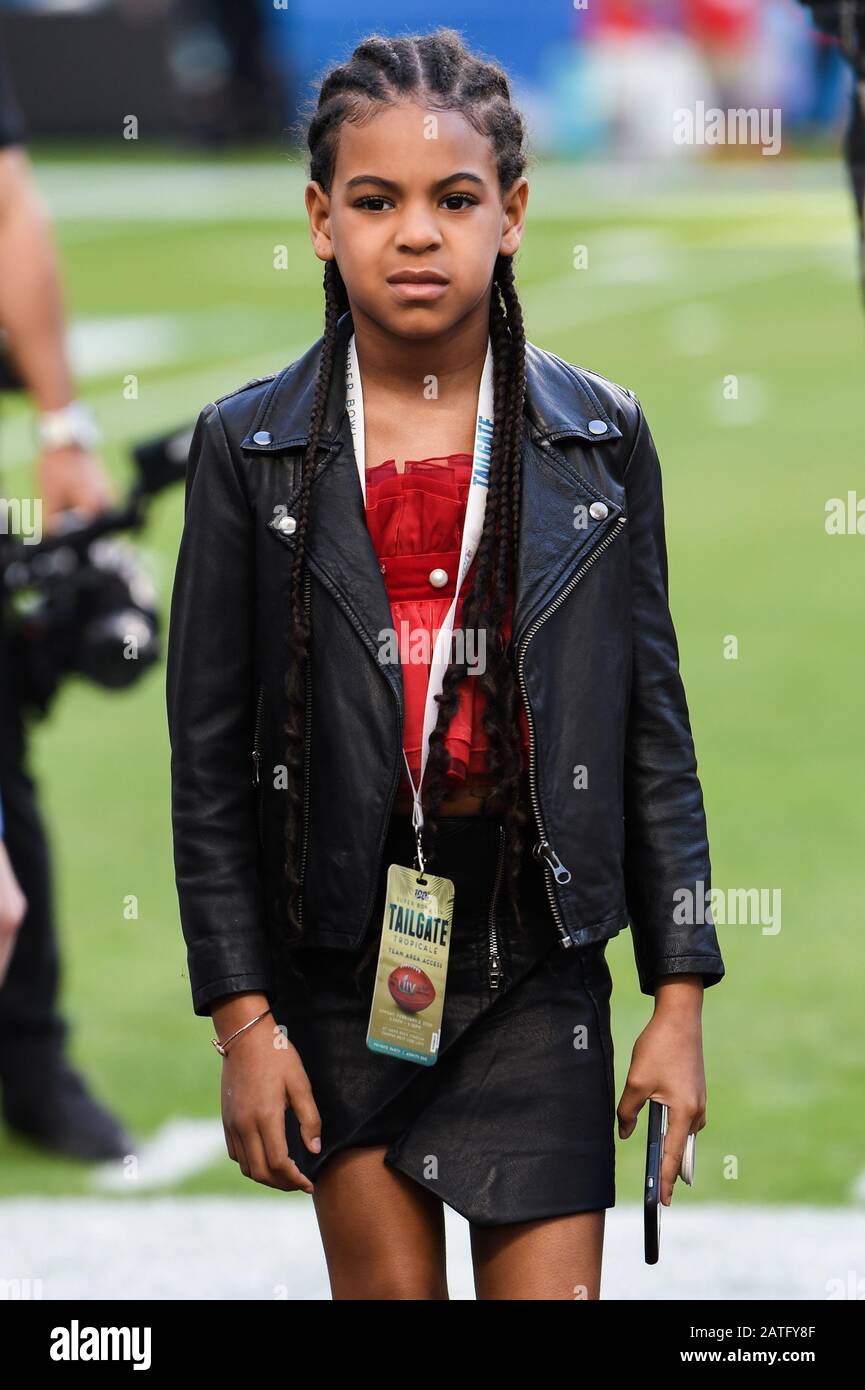 Miami Gardens, USA. 02nd Feb, 2020. Blue Ivy Carter walks on the field  before Super Bowl LIV between the San Francisco 49ers and the Kansas City  Chiefs held at Hard Rock Stadium