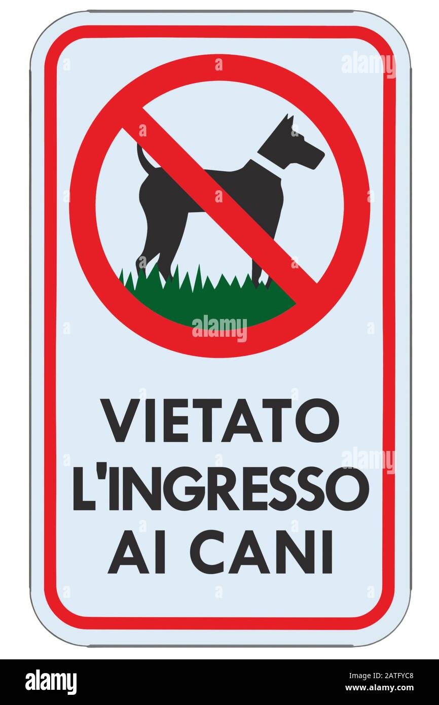 No dogs allowed Italian Vietato l'ingresso ai cani text IT warning sign, isolated large detailed ban signage macro closeup, vertical metal regulatory Stock Photo