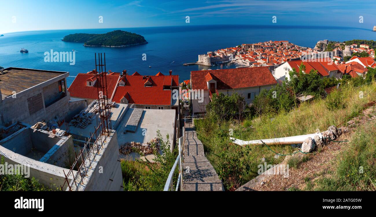 Aerial panorama of Old Port and historical center of Dubrovnik with a view to the Lokrum island, Croatia Stock Photo