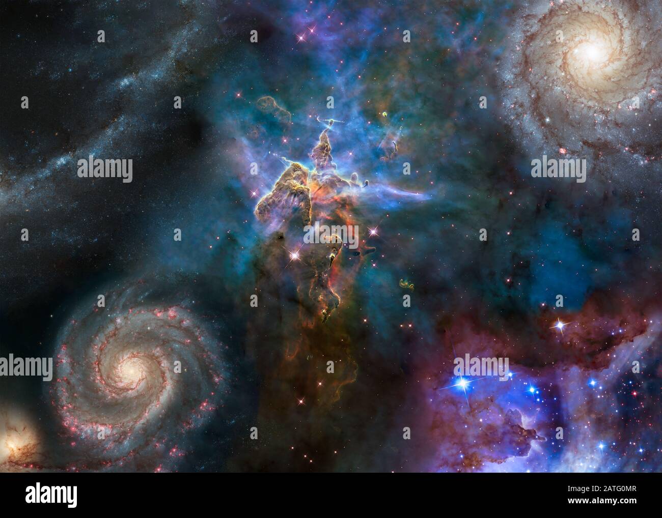 Deep space look. Mystic Mountain of Carina Nebula near far galaxies and stars. Science fiction. Elements of this image were furnished by NASA. Stock Photo
