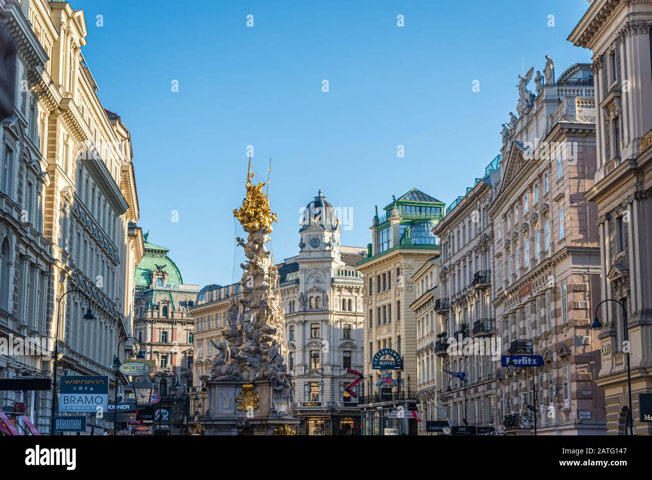 Shopping thoroughfare in Vienna including the Column of Pest (Column of The Trinity), The Graben, Austria Stock Photo