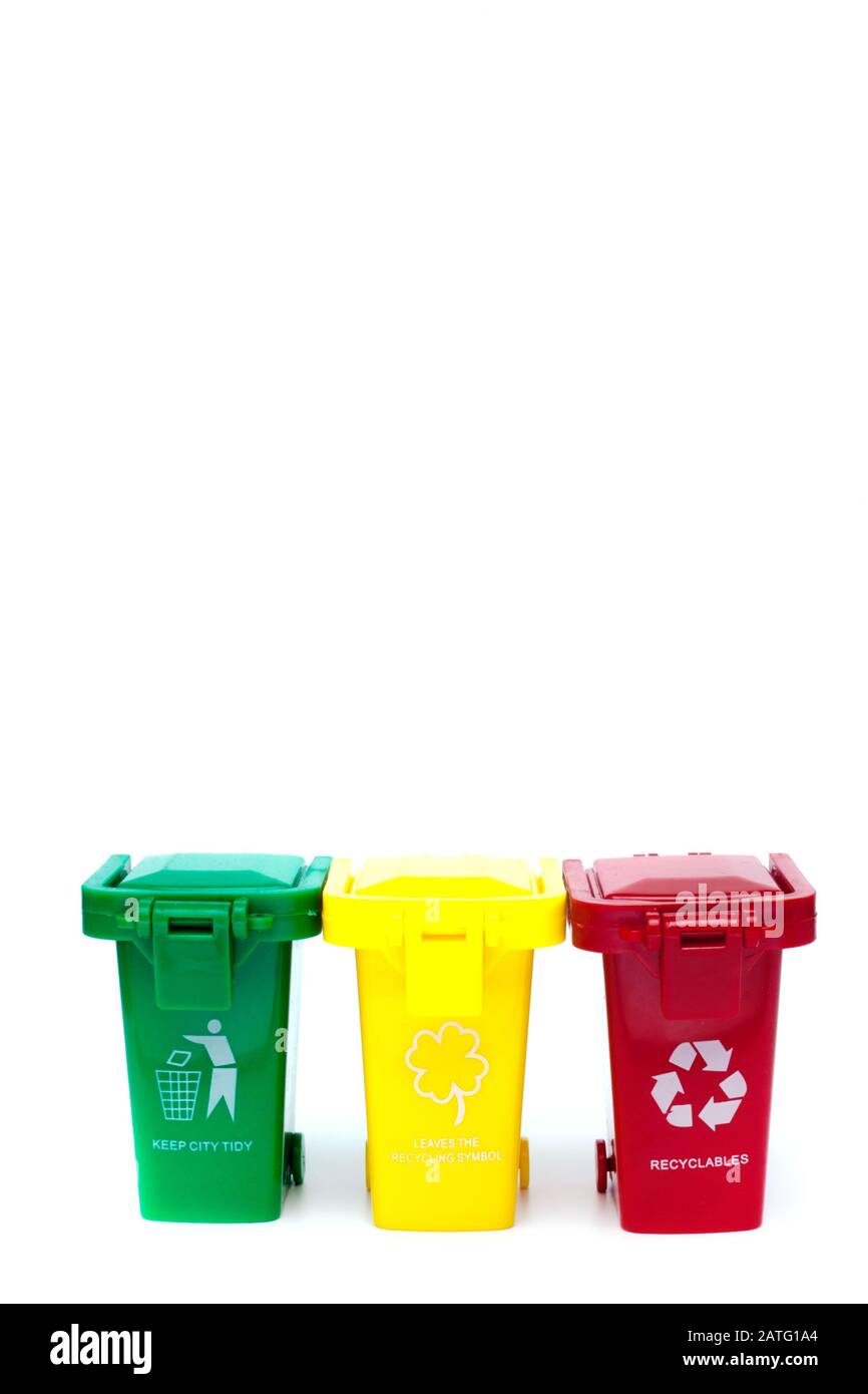 Three colorful recycle bins isolated on white background Stock Photo