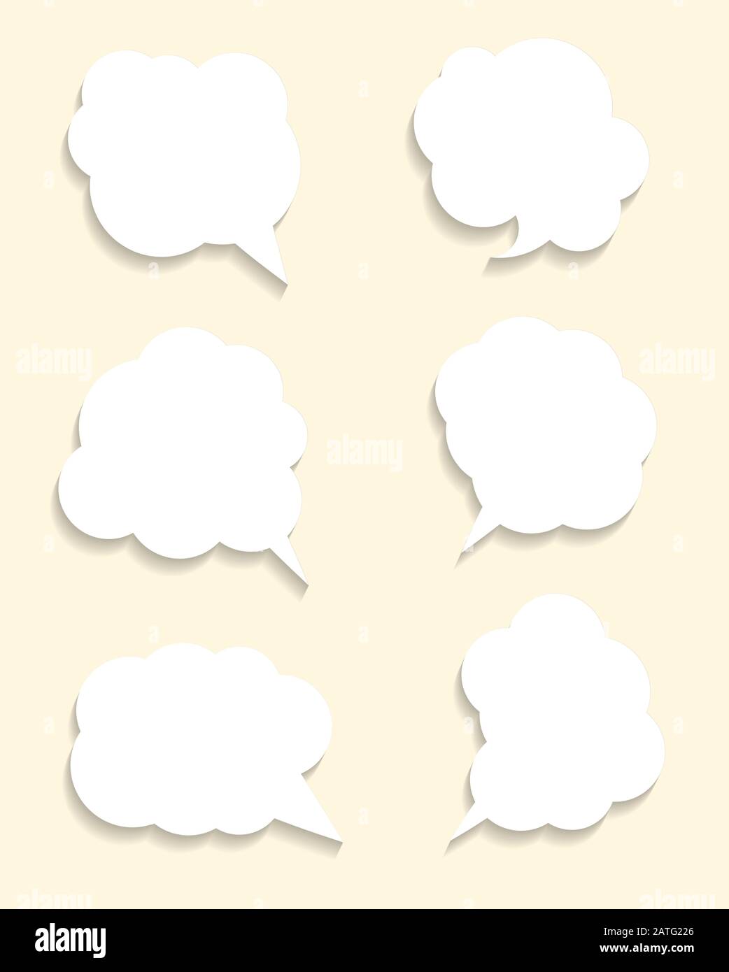 Set of six white speech bubbles with shadow on a yellow background ...