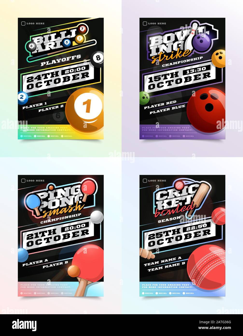 Sport Flyer Ad Set Vector. Billiard, bowling, ping pong tennis and cricket emblem logotype