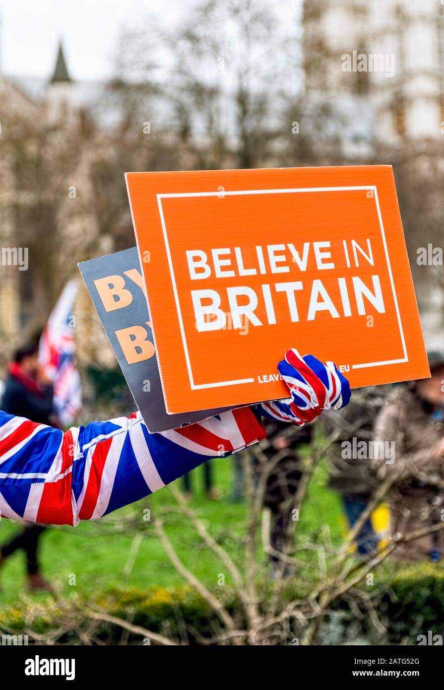 Brexit celebrations 31st January 2020 Whitehall and Parliament Square London UK Brexiteers holding Belive in Britain banner Stock Photo