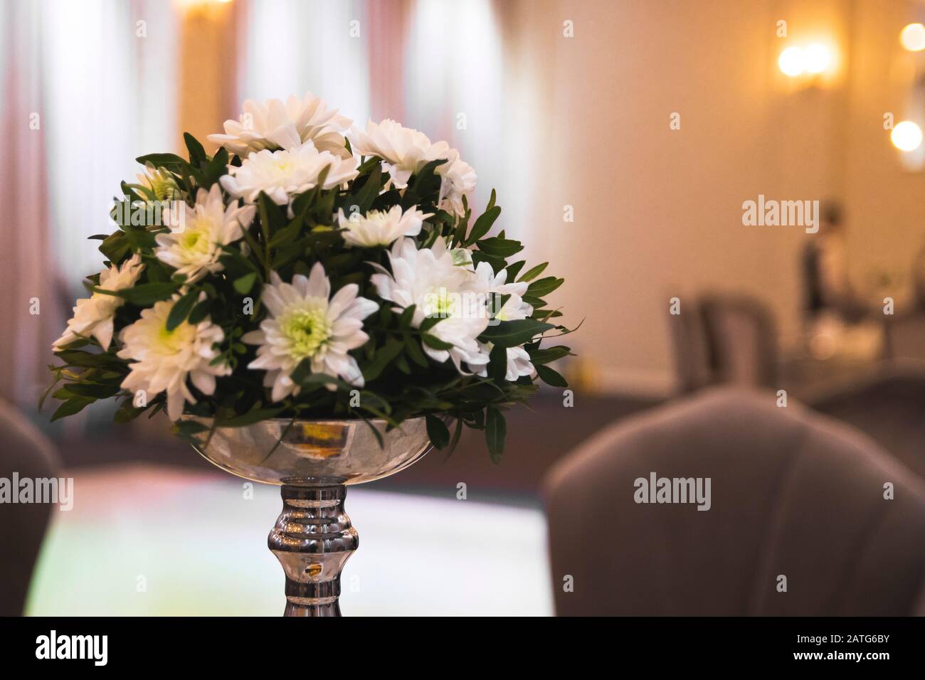 Flower decorations on wedding table Stock Photo
