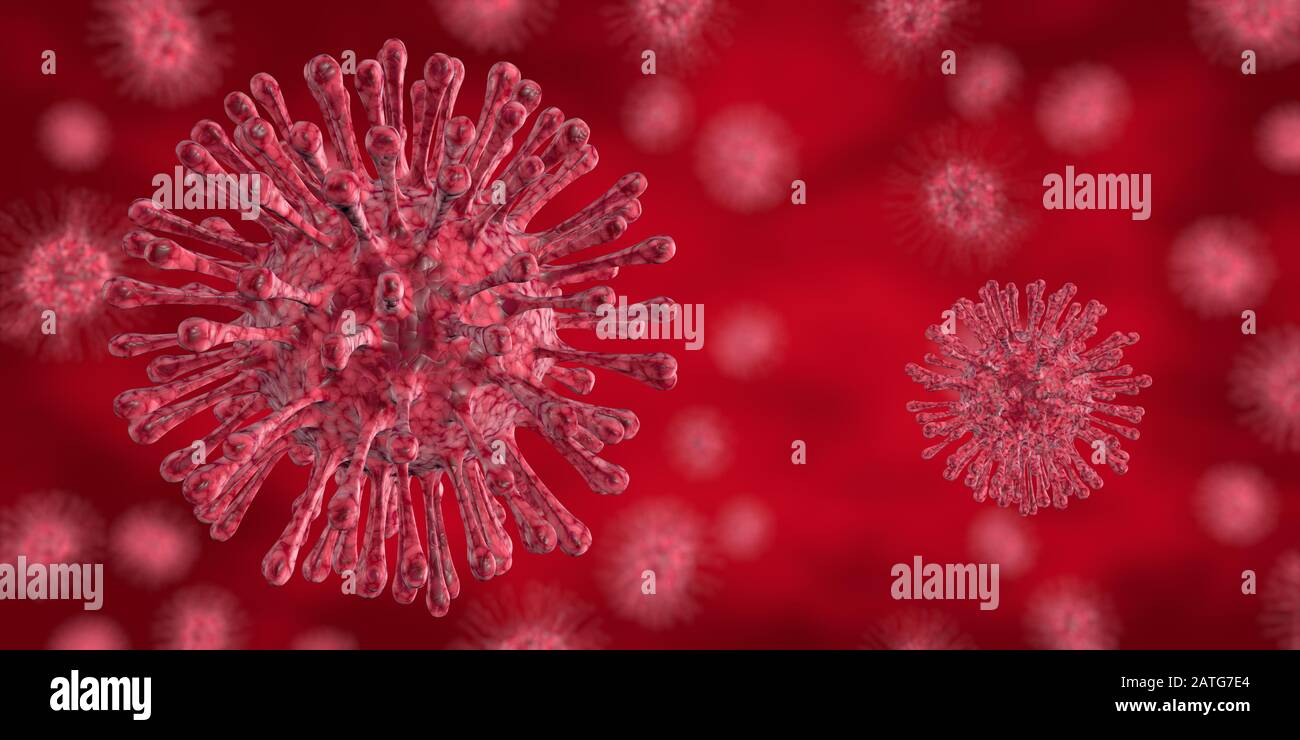 Red viruses with hairs and rough texture floating on a dark red