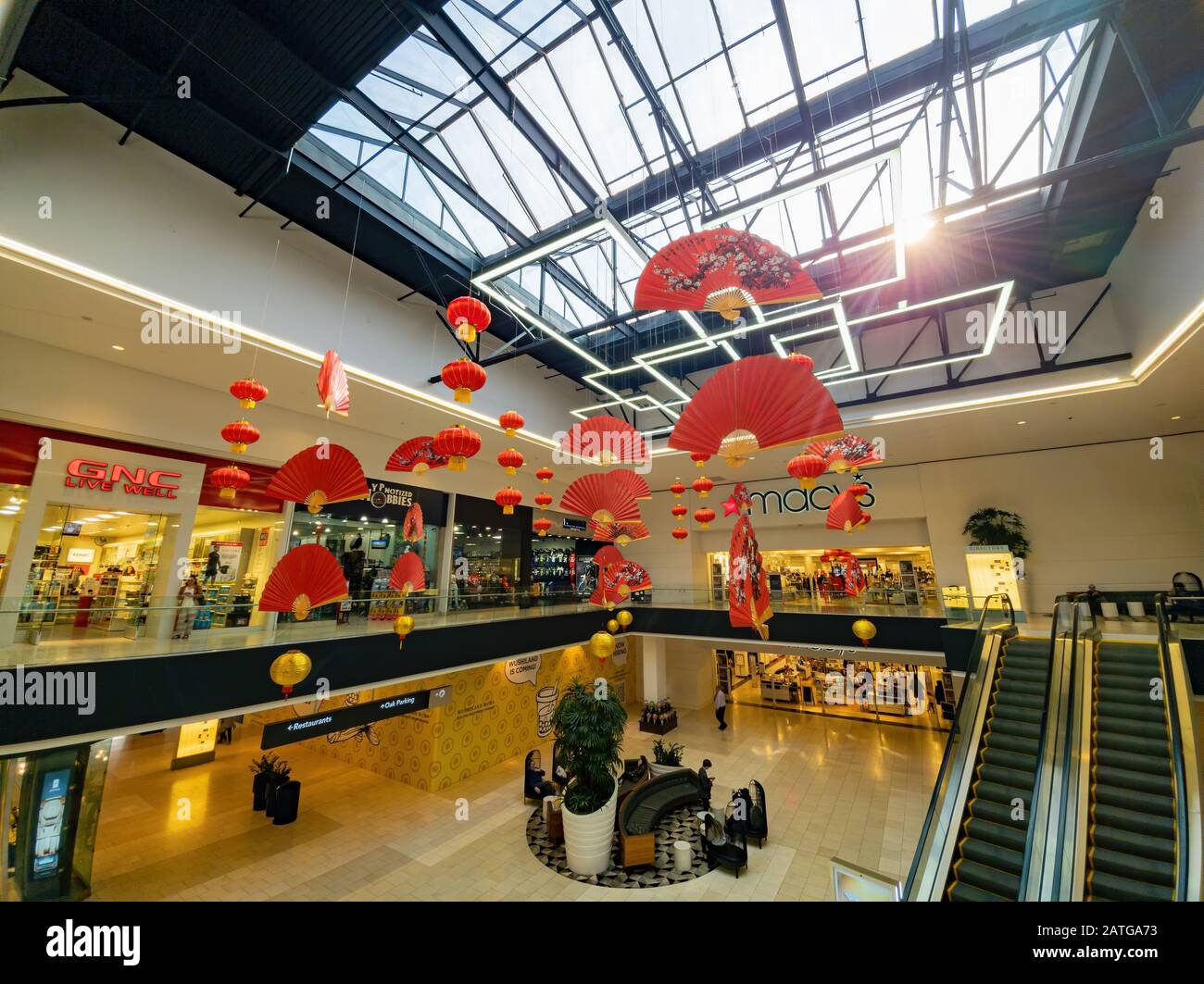 Arcadia, JAN 16 Red fan and lantern hanging in the Santa Anita Mall on