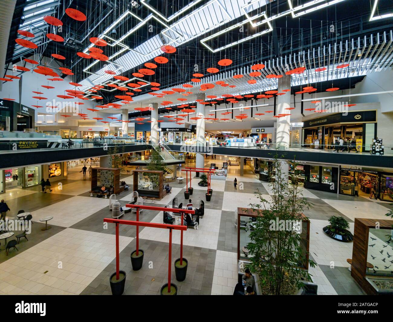 Arcadia, JAN 16 Red paper umbrella hanging in the Santa Anita Mall on