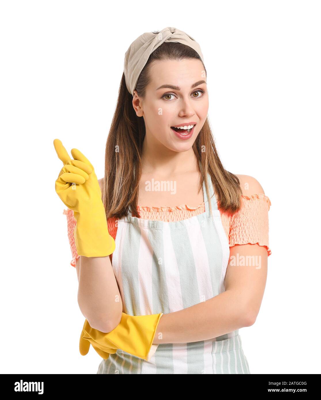 Beautiful young housewife on white background Stock Photo - Alamy