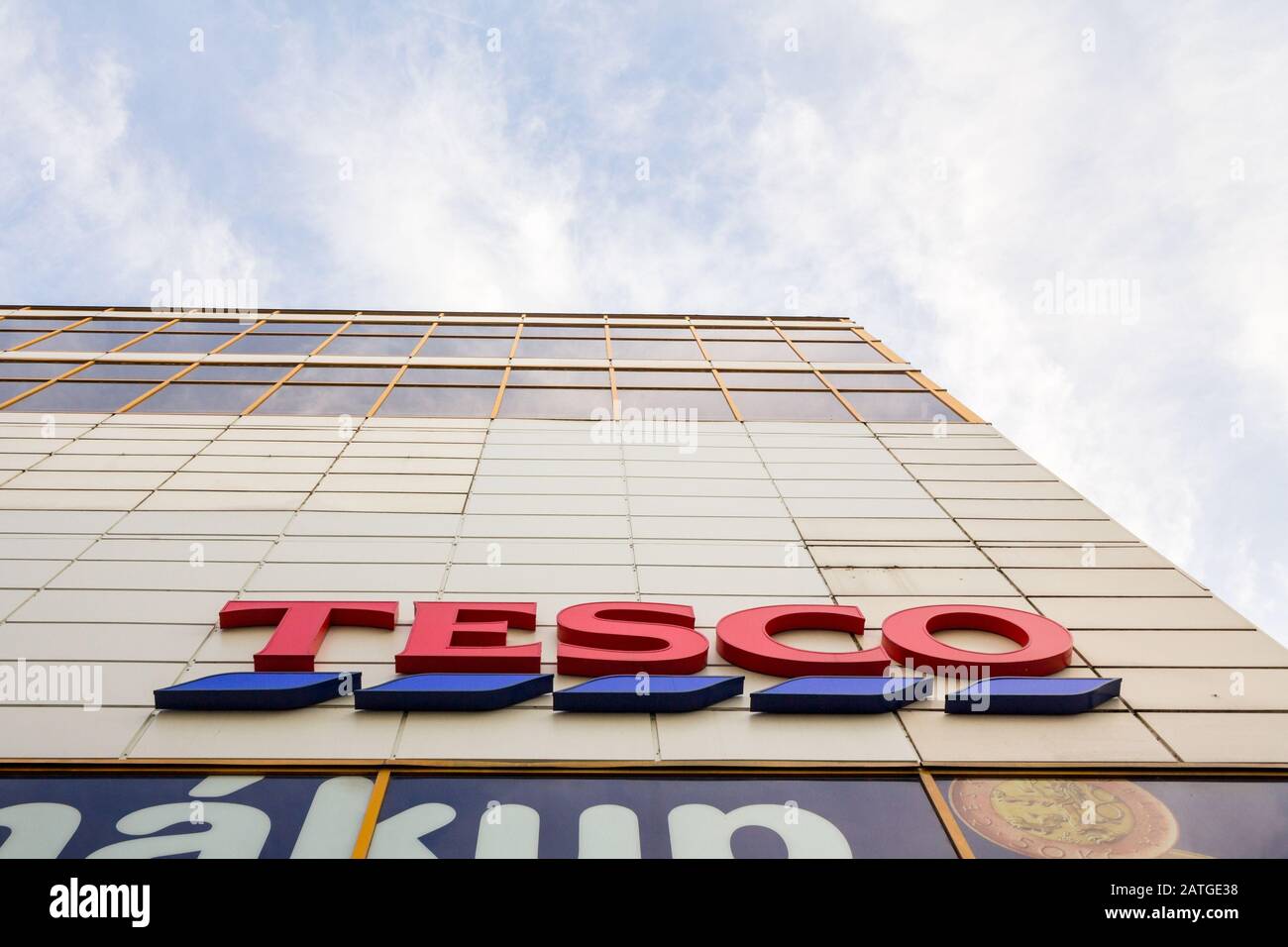 PRAGUE, CZECHIA - NOVEMBER 2, 2019: Tesco logo on their main supermaket in Szeged. Tesco is a british supermarket, groceries and general merchandise r Stock Photo