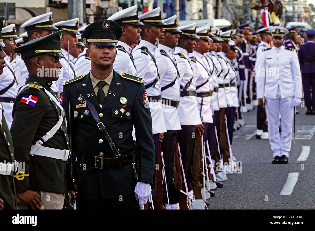 Military parade marching down the street in Santo Domingo Dominica