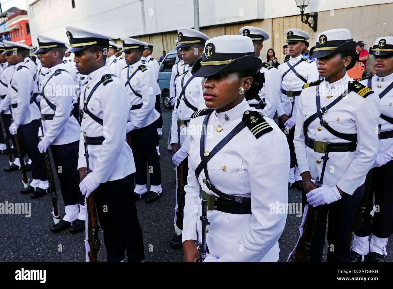 Military parade marching down the street in Santo Domingo Dominica