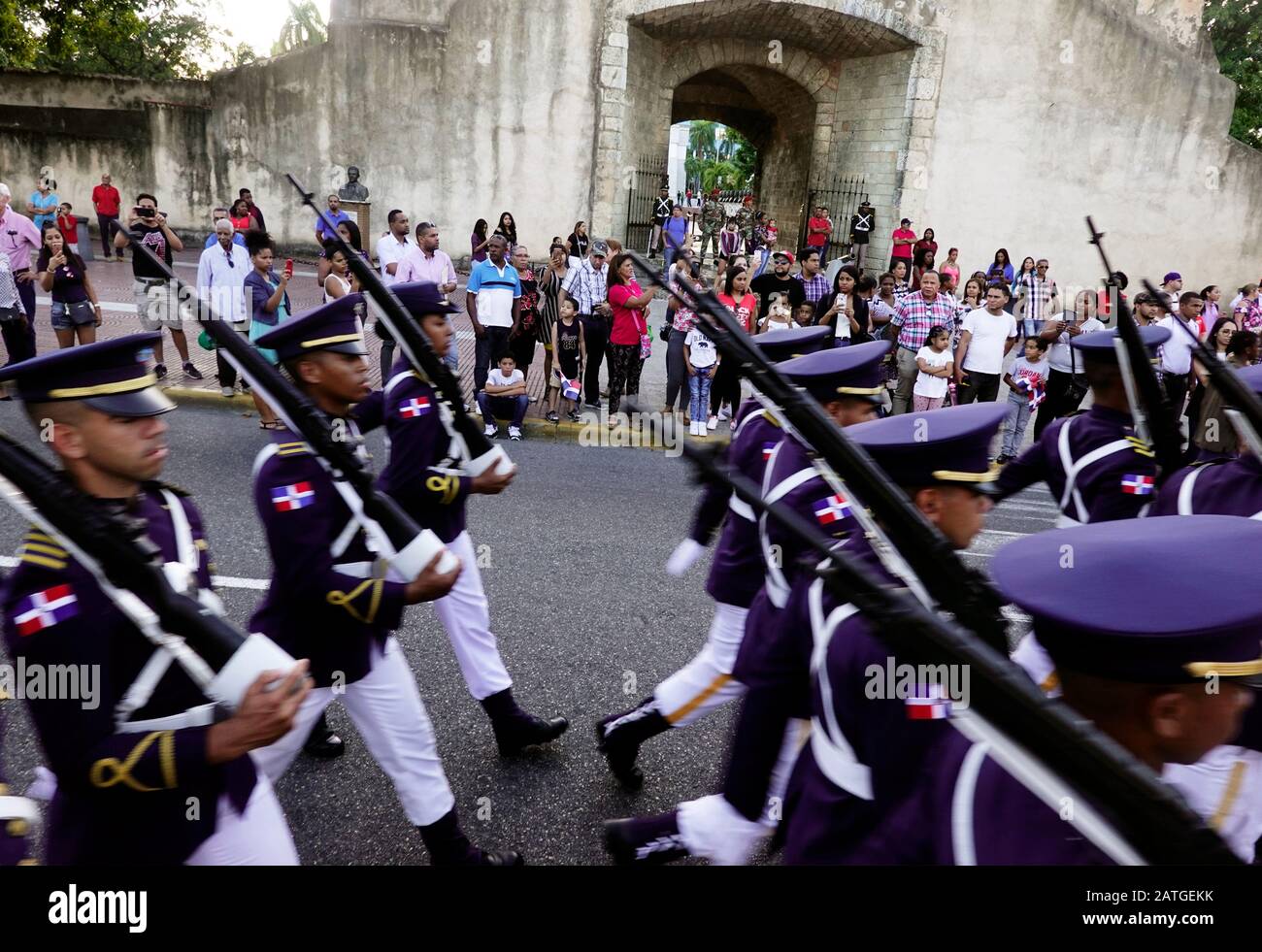 Military parade marching down the street in Santo Domingo Dominica