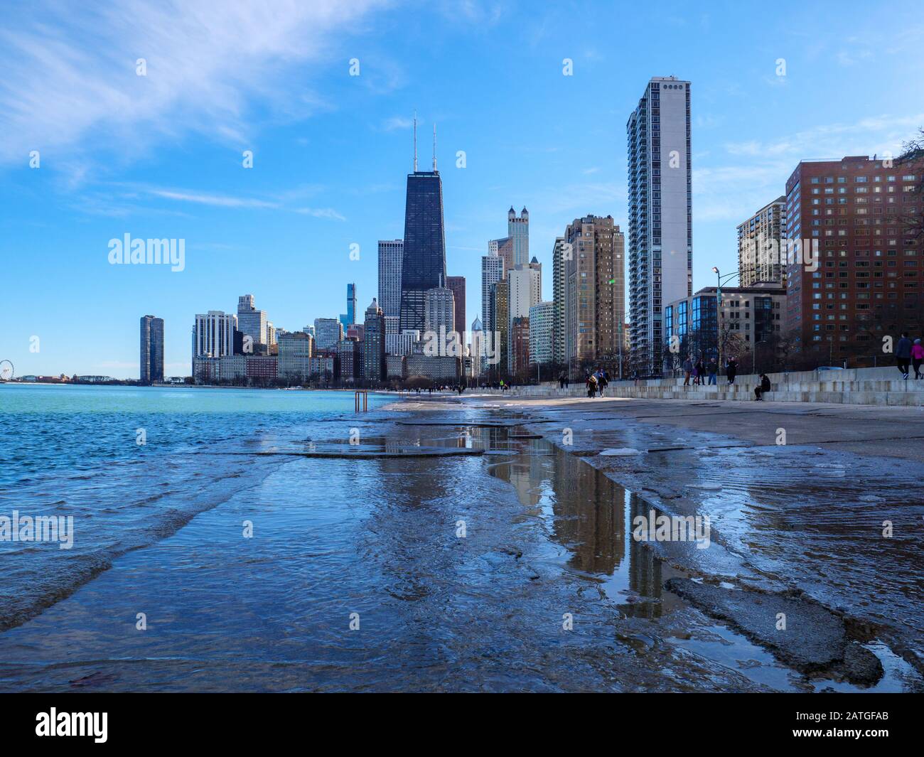 Chicago skyline from lakefront north of downtown. Seawall showing near