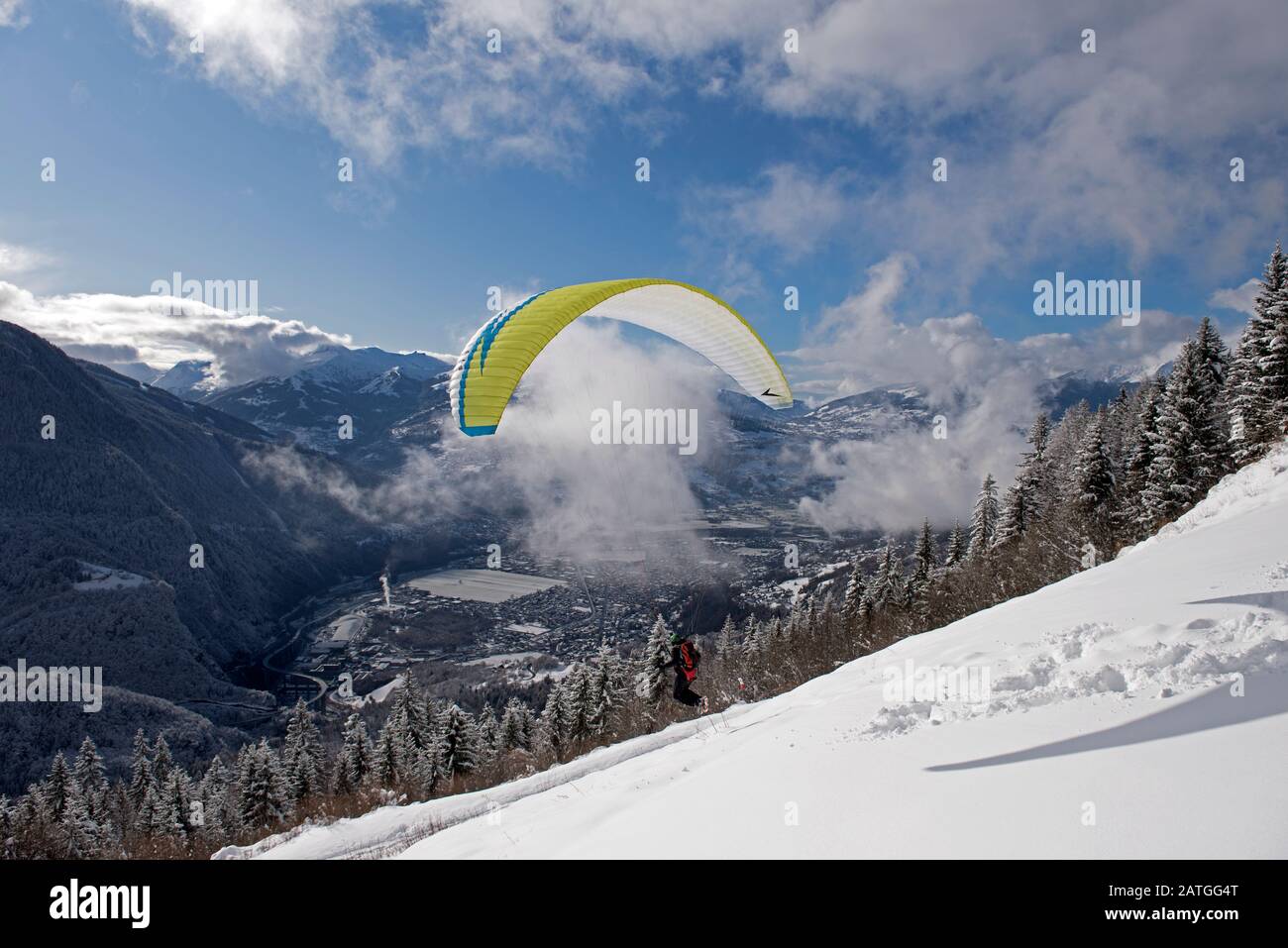 France, Haute-Savoie (74), Passy, Alps, mountains and snow; paraglider Stock Photo